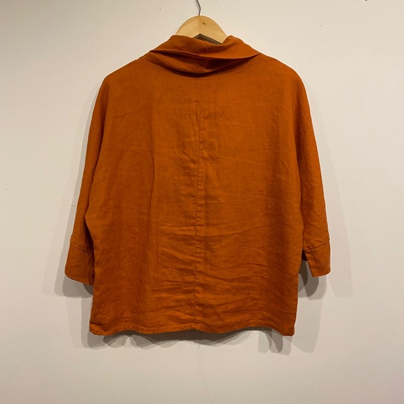 Lintico 100% Linen Orange Dropped Collar Long-Sleeve Top Size Small - Picture 6 of 6